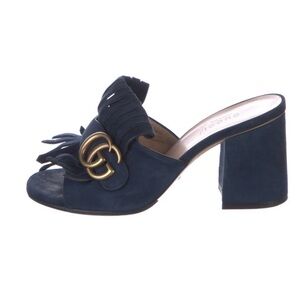 Gucci Double G  Navy Fringe Block Heel Shoes